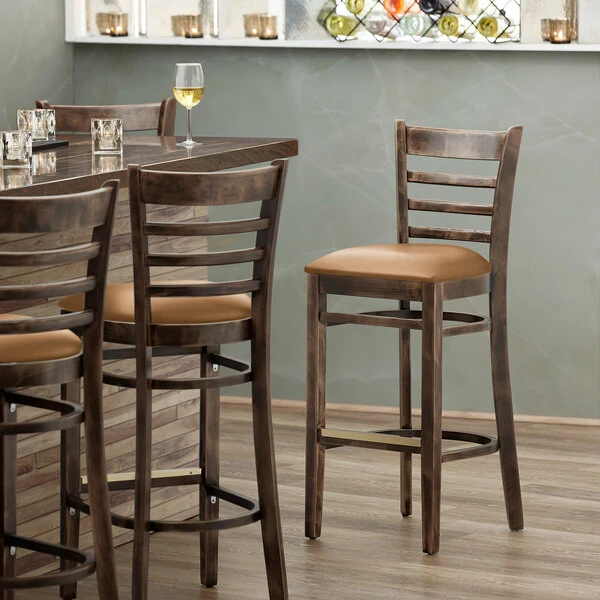 Wholesale ๐ Lancaster Table & Seating Vintage Ladder Back Bar Height Chair With Light Brown Padded Seat ๐คฉ