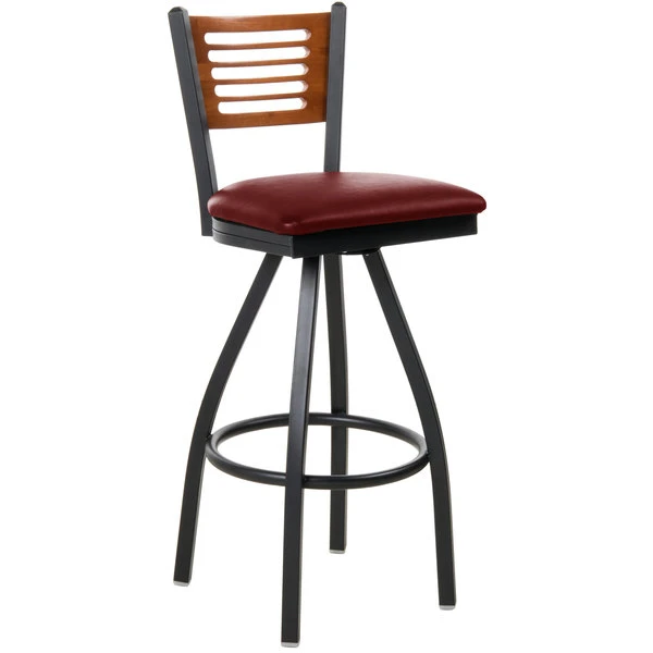 Best deal 🥰 BFM Seating 2151SBUV-CHSB Espy Sand Black Metal Bar Height Chair With Cherry Wooden Back And 2" Burgundy Vinyl Swivel Seat 😀