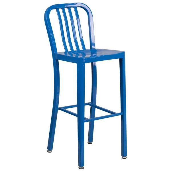 Best Sale 👍 Flash Furniture CH-61200-30-BL-GG 30" Blue Metal Indoor / Outdoor Bar Height Stool With Vertical Slat Back ✔️