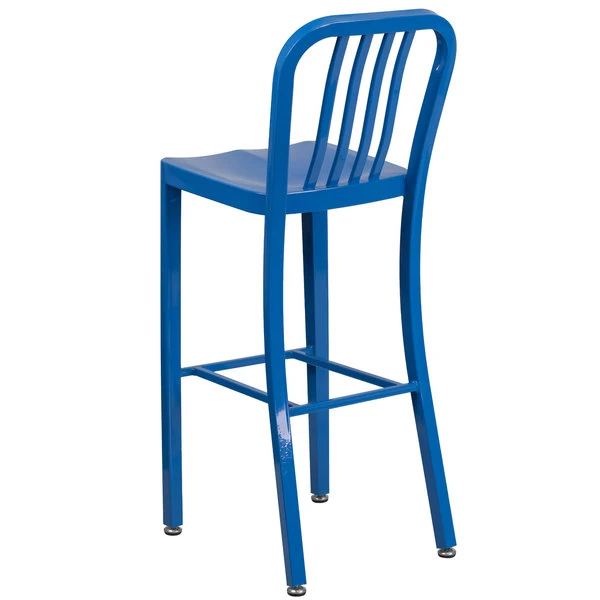 Best Sale 👍 Flash Furniture CH-61200-30-BL-GG 30" Blue Metal Indoor / Outdoor Bar Height Stool With Vertical Slat Back ✔️ - Image 2