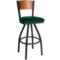 Outlet 🎁 BFM Seating 2150SGNV-CHSB Dale Sand Black Metal Swivel Bar Height Chair With Cherry Finish Wooden Back And 2" Green Vinyl Seat 🤩