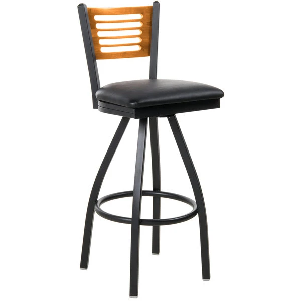 Discount 🔔 BFM Seating 2151SBLV-NTSB Espy Sand Black Metal Bar Height Chair With Natural Wooden Back And 2" Black Vinyl Swivel Seat 😍