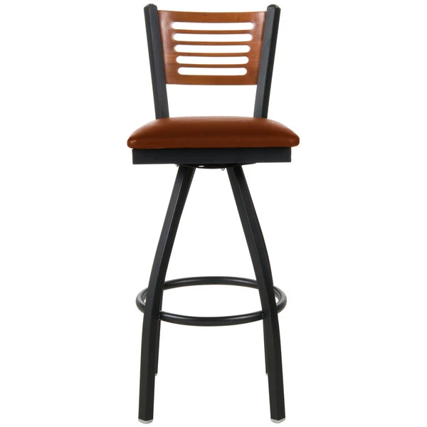 Best deal 🔔 BFM Seating 2151SLBV-CHSB Espy Sand Black Metal Bar Height Chair With Cherry Wooden Back And 2" Light Brown Vinyl Swivel Seat 👏 - Image 3