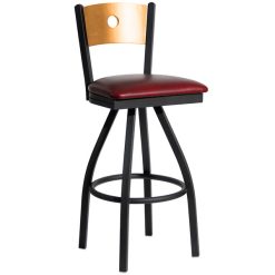 Outlet ???? BFM Seating 2152SBUV-NTSB Darby Sand Black Metal Bar Height Chair With Natural Wooden Back And 2" Burgundy Vinyl Swivel Seat ????