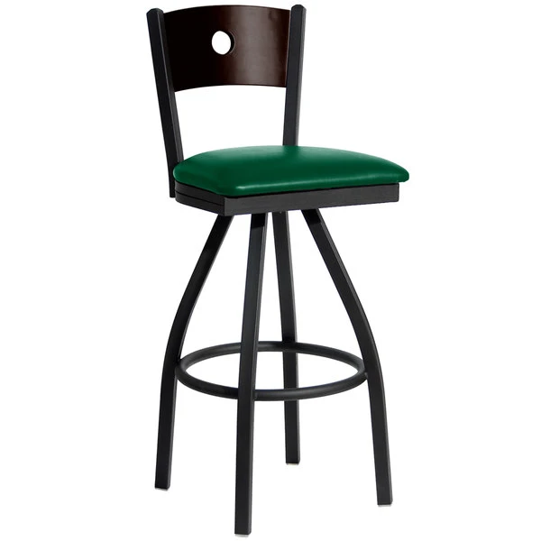 Best Pirce ๐งจ BFM Seating 2152SGNV-WASB Darby Sand Black Metal Bar Height Chair With Walnut Wooden Back And 2" Green Vinyl Swivel Seat ๐