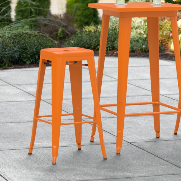 Coupon 💯 LT&S Alloy Series Lancaster Table & Seating Alloy Series Orange Stackable Metal Indoor / Outdoor Industrial Barstool With Drain Hole Seat 😍