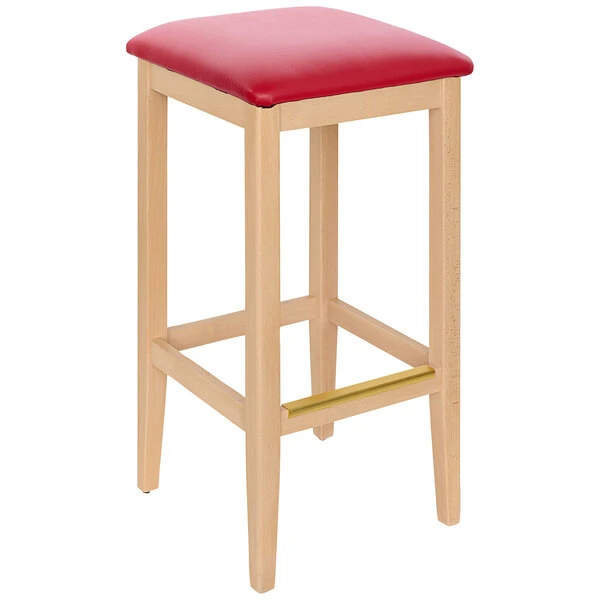 Cheap 🥰 BFM Seating Stockton Natural Beechwood Square Backless Barstool With 2" Red Vinyl Seat 🔔