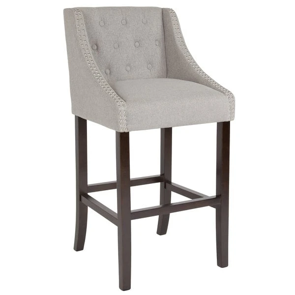 Hot Sale ❤️ Flash Furniture CH-182020-T-30-LTGY-F-GG Carmel Series Light Gray Tufted Fabric Bar Stool With Walnut Frame And Nail Trim Accent ⭐