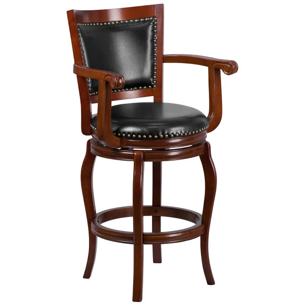 Buy ๐ Flash Furniture TA-21259-CHY-GG Cherry Wood Bar Height Panel Back Stool With Arms And Black Leather Swivel Seat โญ