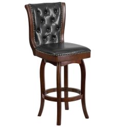New ???? Flash Furniture TA-240130-CA-GG Cappuccino Wood Bar Height Button Tufted Back Stool With Black Leather Swivel Seat ????