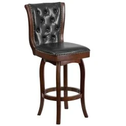 New 🌟 Flash Furniture TA-240130-CA-GG Cappuccino Wood Bar Height Button Tufted Back Stool With Black Leather Swivel Seat 👍