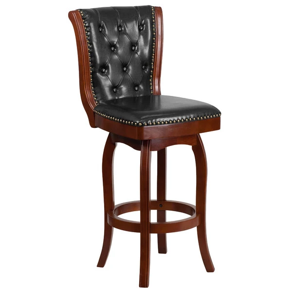 Best deal ✨ Flash Furniture TA-240130-CHY-GG Cherry Wood Bar Height Button Tufted Back Stool With Black Leather Swivel Seat 🥰