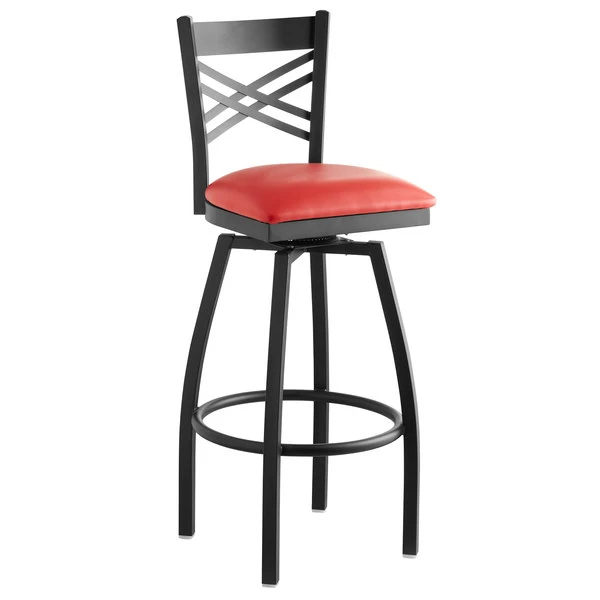 Discount ❤️ Lancaster Table & Seating Cross Back Bar Height Black Swivel Chair With Red Vinyl Seat 💯 - Image 2