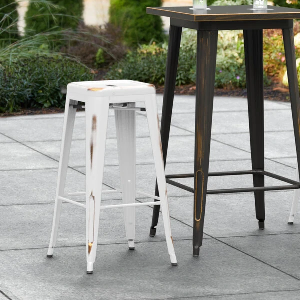 Cheap 😉 LT&S Alloy Series Lancaster Table & Seating Alloy Series Distressed White Stackable Metal Indoor / Outdoor Industrial Barstool With Drain Hole Seat ✔️