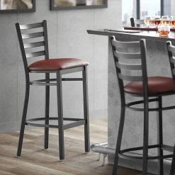 Wholesale 🔥 Lancaster Table & Seating Black Frame Ladder Back Bar Height Chair With Burgundy Padded Seat 🌟