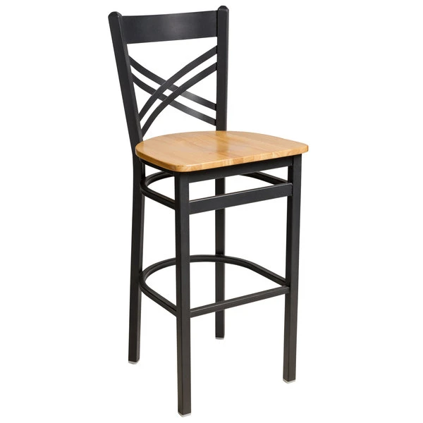 Promo ✔️ BFM Seating 2130BNTW-SB Akrin Sand Black Steel Bar Height Chair With Cross Steel Back And Natural Ash Wooden Seat 🔥
