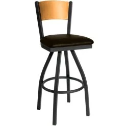 Promo 💯 BFM Seating 2150SDBV-NTSB Dale Sand Black Metal Swivel Bar Height Chair With Natural Finish Wooden Back And 2" Dark Brown Vinyl Seat 🎉