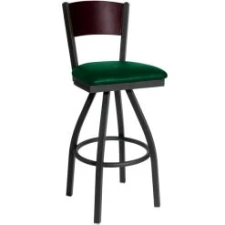 Cheapest ✔️ BFM Seating 2150SGNV-MHSB Dale Sand Black Metal Swivel Bar Height Chair With Mahogany Finish Wooden Back And 2" Green Vinyl Seat 🎉