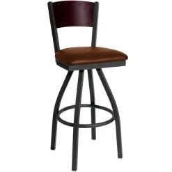 Deals 🌟 BFM Seating 2150SLBV-MHSB Dale Sand Black Metal Swivel Bar Height Chair With Mahogany Finish Wooden Back And 2" Light Brown Vinyl Seat 🔥