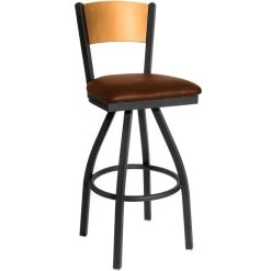 Best Sale 🥰 BFM Seating 2150SLBV-NTSB Dale Sand Black Metal Swivel Bar Height Chair With Natural Finish Wooden Back And 2" Light Brown Vinyl Seat 🎉