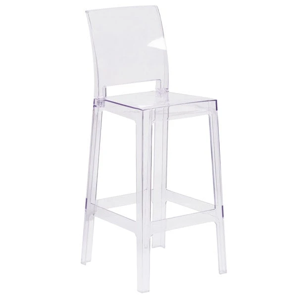 New ⭐ Flash Furniture OW-SQUAREBACK-29-GG Ghost Transparent Polycarbonate Outdoor / Indoor Bar Height Stool With Square Back 👏