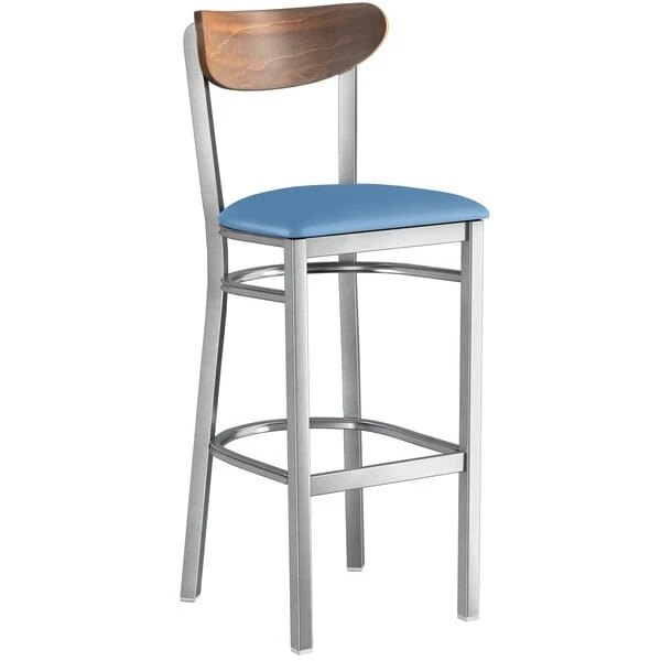 Discount ๐ LT&S Boomerang Series Lancaster Table & Seating Boomerang Bar Height Clear ๐งฅ Coat Chair With Blue Vinyl Seat And Vintage Wood Back ๐ - Image 2