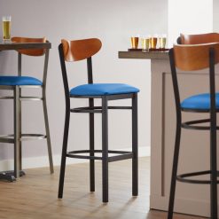 Best Sale ???? LT&S Boomerang Series Lancaster Table & Seating Boomerang Bar Height Black Chair With Blue Vinyl Seat And Cherry Back ????
