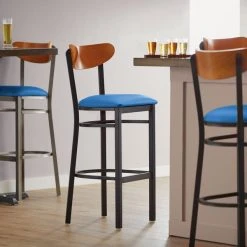 Best Sale 🎁 LT&S Boomerang Series Lancaster Table & Seating Boomerang Bar Height Black Chair With Blue Vinyl Seat And Cherry Back 🔔