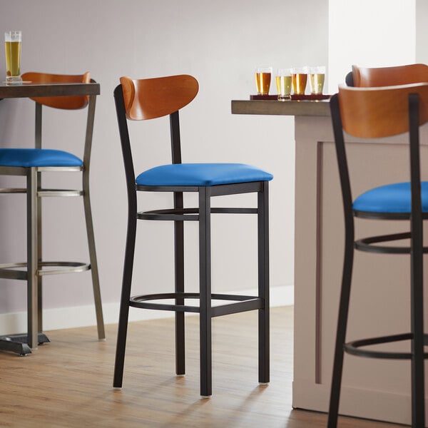 Lancaster Table & Seating Boomerang Bar Height Black Chair with Blue Vinyl Seat and Cherry Back Best Sale ???? LT&S Boomerang Series Lancaster Table & Seating Boomerang Bar Height Black Chair With Blue Vinyl Seat And Cherry Back ???? -Lancaster Shop unnamed file 2322