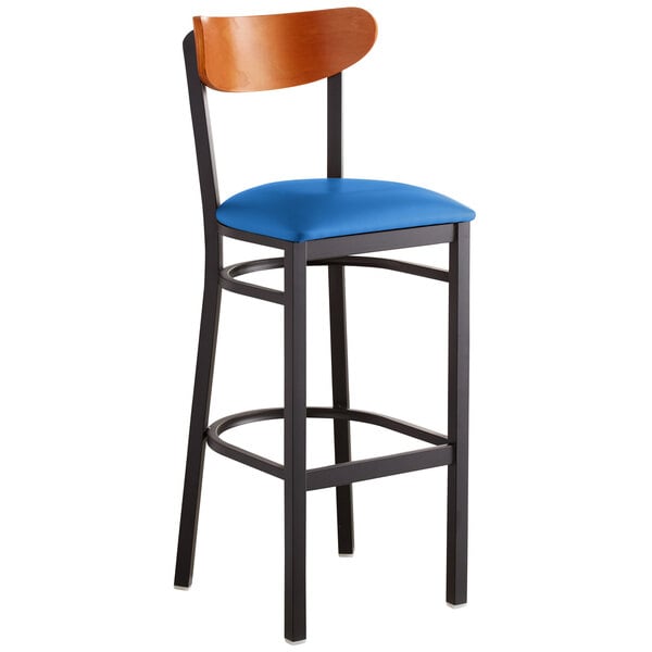 Lancaster Table & Seating Boomerang Bar Height Black Chair with Blue Vinyl Seat and Cherry Back Best Sale ???? LT&S Boomerang Series Lancaster Table & Seating Boomerang Bar Height Black Chair With Blue Vinyl Seat And Cherry Back ???? -Lancaster Shop unnamed file 2323