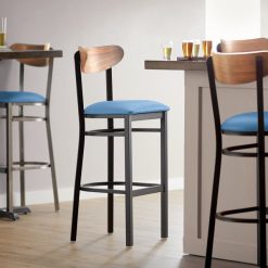 Flash Sale ❤️ LT&S Boomerang Series Lancaster Table & Seating Boomerang Bar Height Black Chair With Blue Vinyl Seat And Vintage Wood Back ????