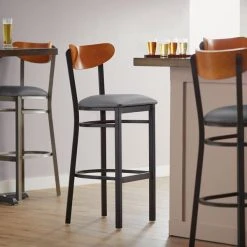 Coupon 👍 LT&S Boomerang Series Lancaster Table & Seating Boomerang Bar Height Black Chair With Dark Gray Vinyl Seat And Cherry Back 💯