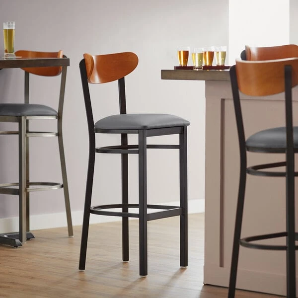 Coupon ๐ LT&S Boomerang Series Lancaster Table & Seating Boomerang Bar Height Black Chair With Dark Gray Vinyl Seat And Cherry Back ๐ฏ