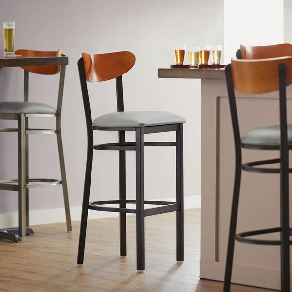 Top 10 🌟 LT&S Boomerang Series Lancaster Table & Seating Boomerang Bar Height Black Chair With Light Gray Vinyl Seat And Cherry Back 🔥