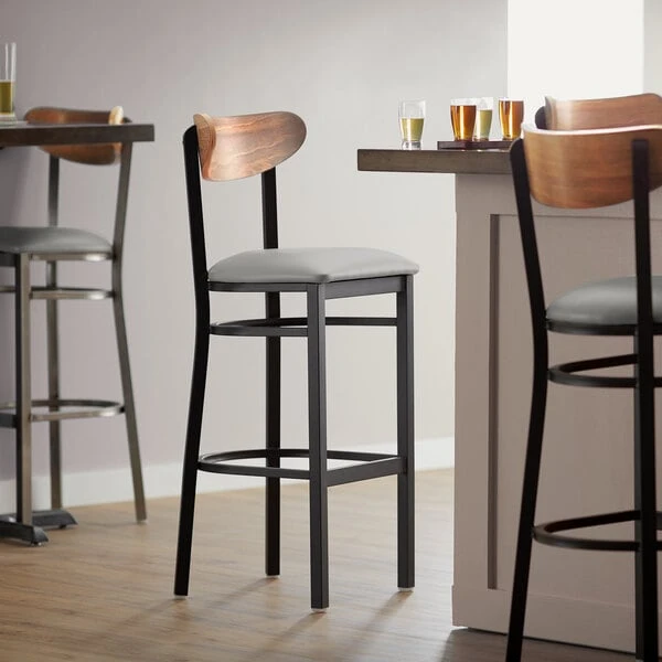 Deals ๐ LT&S Boomerang Series Lancaster Table & Seating Boomerang Bar Height Black Chair With Light Gray Vinyl Seat And Vintage Wood Back โ