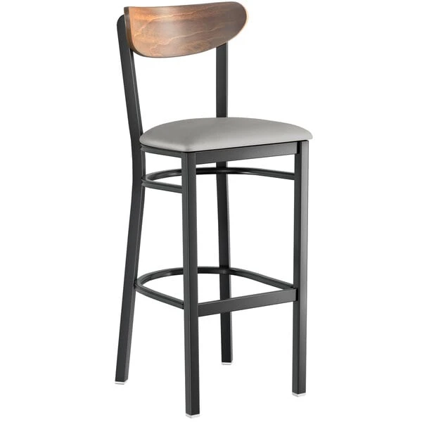 Deals ๐ LT&S Boomerang Series Lancaster Table & Seating Boomerang Bar Height Black Chair With Light Gray Vinyl Seat And Vintage Wood Back โ - Image 2