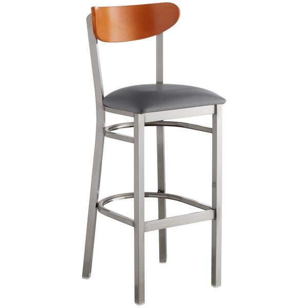 Lancaster Table & Seating Boomerang Bar Height Clear Coat Chair with Dark Gray Vinyl Seat and Cherry Back Hot Sale ???? LT&S Boomerang Series Lancaster Table & Seating Boomerang Bar Height Clear ???? Coat Chair With Dark Gray Vinyl Seat And Cherry Back ???? -Lancaster Shop unnamed file 2350