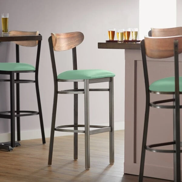 Cheapest ✨ LT&S Boomerang Series Lancaster Table & Seating Boomerang Bar Height Clear 🧥 Coat Chair With Seafoam Vinyl Seat And Vintage Wood Back 🔥