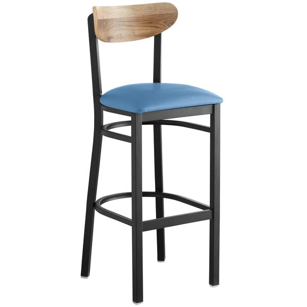 Best Sale ✨ LT&S Boomerang Series Lancaster Table & Seating Boomerang Bar Height Black Chair With Blue Vinyl Seat And Driftwood Back ❤️ - Image 2