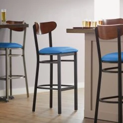 Cheapest 👍 LT&S Boomerang Series Lancaster Table & Seating Boomerang Bar Height Black Chair With Blue Vinyl Seat And Antique Walnut Back 👍