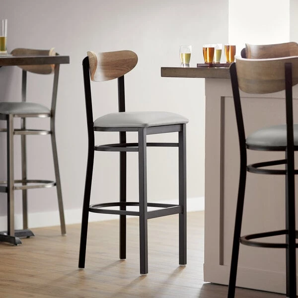 Cheapest ❤️ LT&S Boomerang Series Lancaster Table & Seating Boomerang Bar Height Black Chair With Light Gray Vinyl Seat And Driftwood Back ✨
