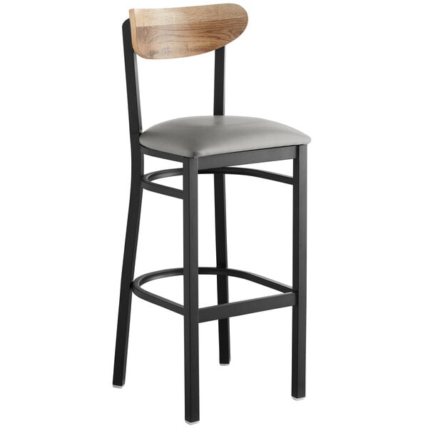 Lancaster Table & Seating Boomerang Bar Height Black Chair with Light Gray Vinyl Seat and Driftwood Back Cheapest ❤️ LT&S Boomerang Series Lancaster Table & Seating Boomerang Bar Height Black Chair With Light Gray Vinyl Seat And Driftwood Back ✨ -Lancaster Shop unnamed file 2384