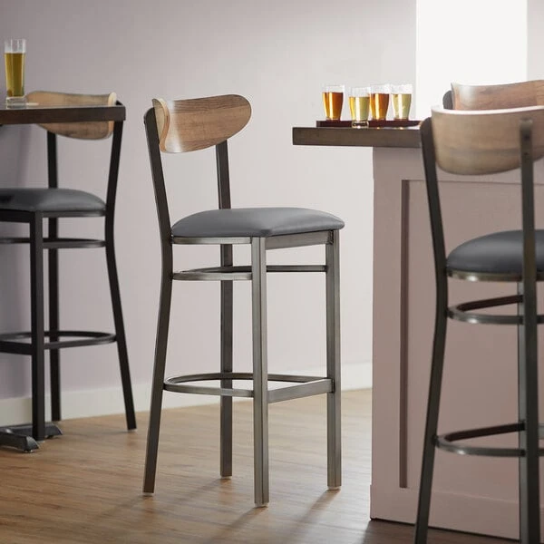 Best Pirce ๐ LT&S Boomerang Series Lancaster Table & Seating Boomerang Bar Height Clear ๐งฅ Coat Chair With Dark Gray Vinyl Seat And Driftwood Back ๐คฉ