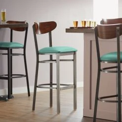 Best Sale 👏 LT&S Boomerang Series Lancaster Table & Seating Boomerang Bar Height Clear 🧥 Coat Chair With Seafoam Vinyl Seat And Antique Walnut Back ✨