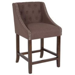 Best Sale ⭐ Flash Furniture CH-182020-T-24-BN-F-GG Carmel Series Counter Height Stool In Brown Tufted Fabric With Walnut Frame And Nail Trim Accent ????
