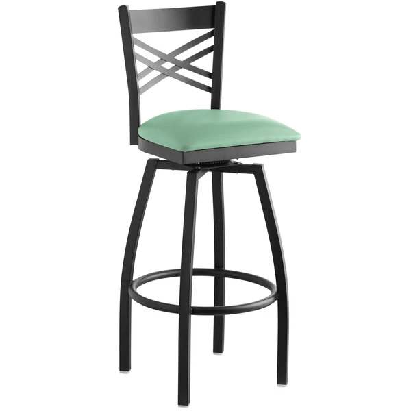 Wholesale 💯 Lancaster Table & Seating Black Cross Back Swivel Bar Height Chair With Seafoam Padded Seat 🥰 - Image 2