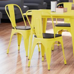 Hot Sale ⌛ LT&S Alloy Series Lancaster Table & Seating Alloy Series Yellow Metal Indoor Industrial Cafe Chair With Vertical Slat Back And Black Wood Seat ????