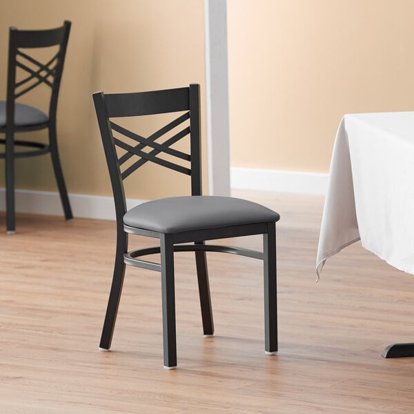 New ???? Lancaster Table & Seating Black Cross Back Chair With Dark Gray Padded Seat ✔️ 3 New ???? Lancaster Table & Seating Black Cross Back Chair With Dark Gray Padded Seat ✔️