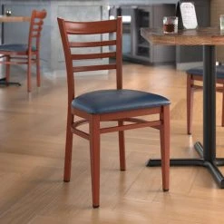 Buy ❤️ LT&S Spartan Series Lancaster Table & Seating Spartan Series Metal Ladder Back Chair With Mahogany Wood Grain Finish And Navy Vinyl Seat ✔️