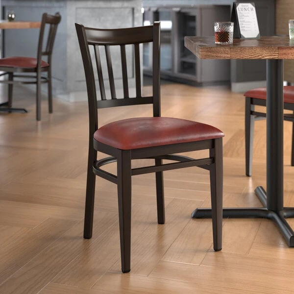 Outlet 👍 LT&S Spartan Series Lancaster Table & Seating Spartan Series Metal Slat Back Chair With Walnut Wood Grain Finish And Burgundy Vinyl Seat 🤩